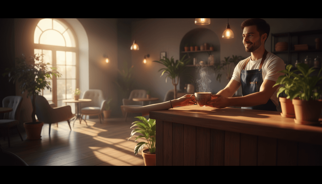 Barista handing a fresh cup of coffee to a customer in a warm, sunlit Toronto coffee shop