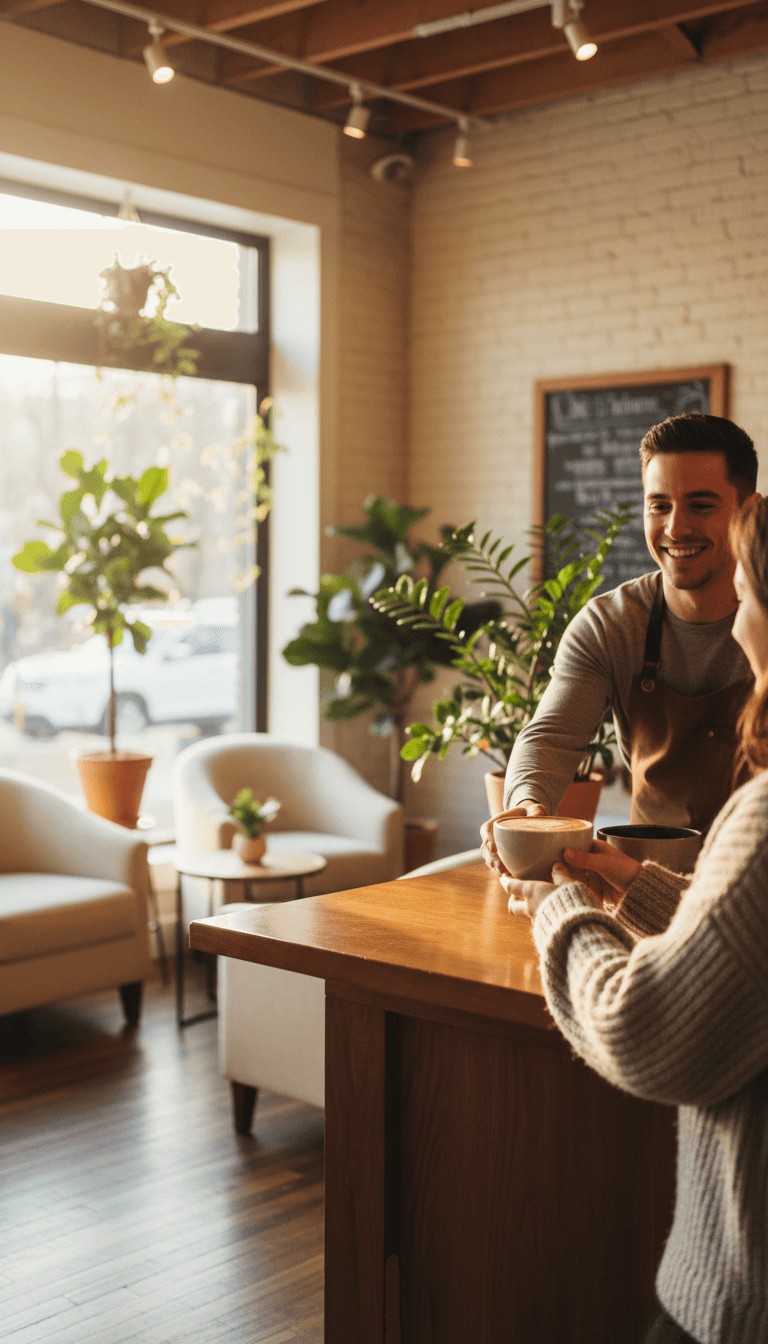 Barista handing a freshly made latte to a customer at the counter