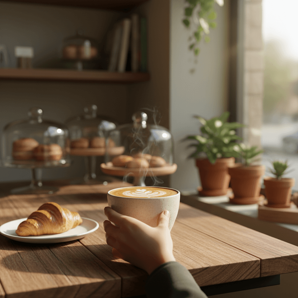Two lattes with foam art on a wooden table