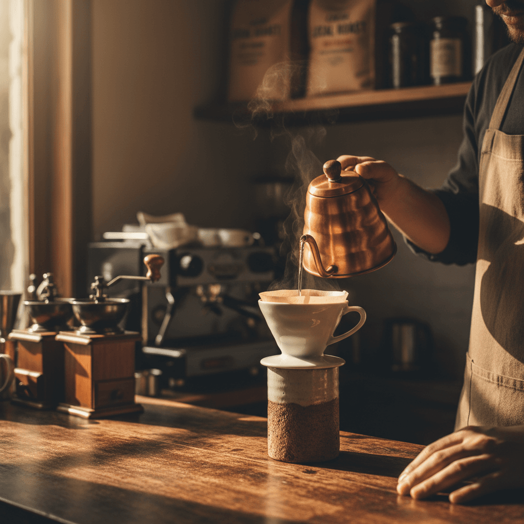 Barista pouring hot water over coffee grounds in a pour-over brewer