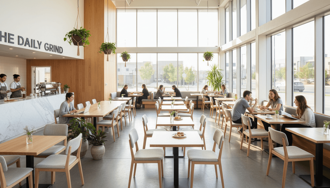 Cozy coffee shop interior in Toronto with warm morning light