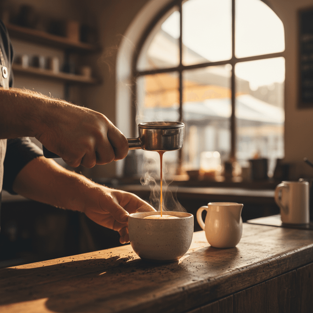 Barista pulling a fresh espresso shot into a ceramic cup