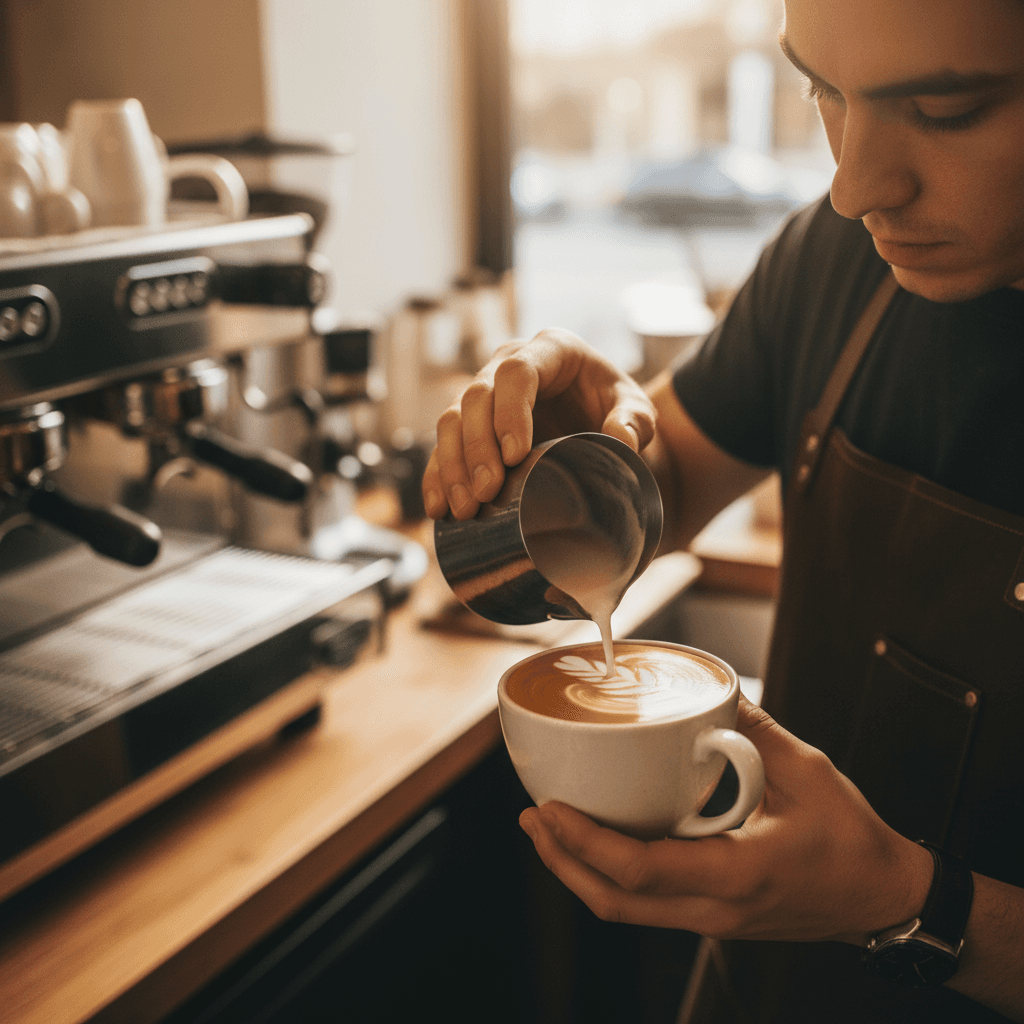 Barista handing a spiral matcha latte to a customer at a café counter