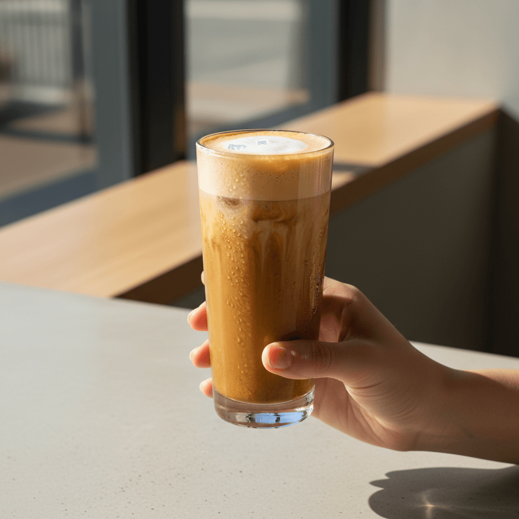 Maple vanilla cold brew with cinnamon stick on a rustic table
