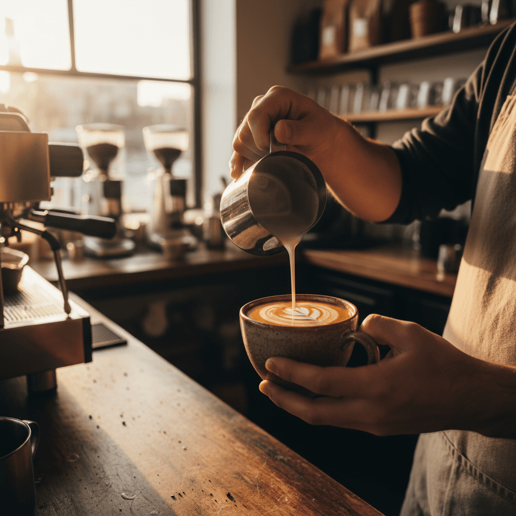 Barista pouring oat milk into a coffee mug with sugar-free syrup nearby