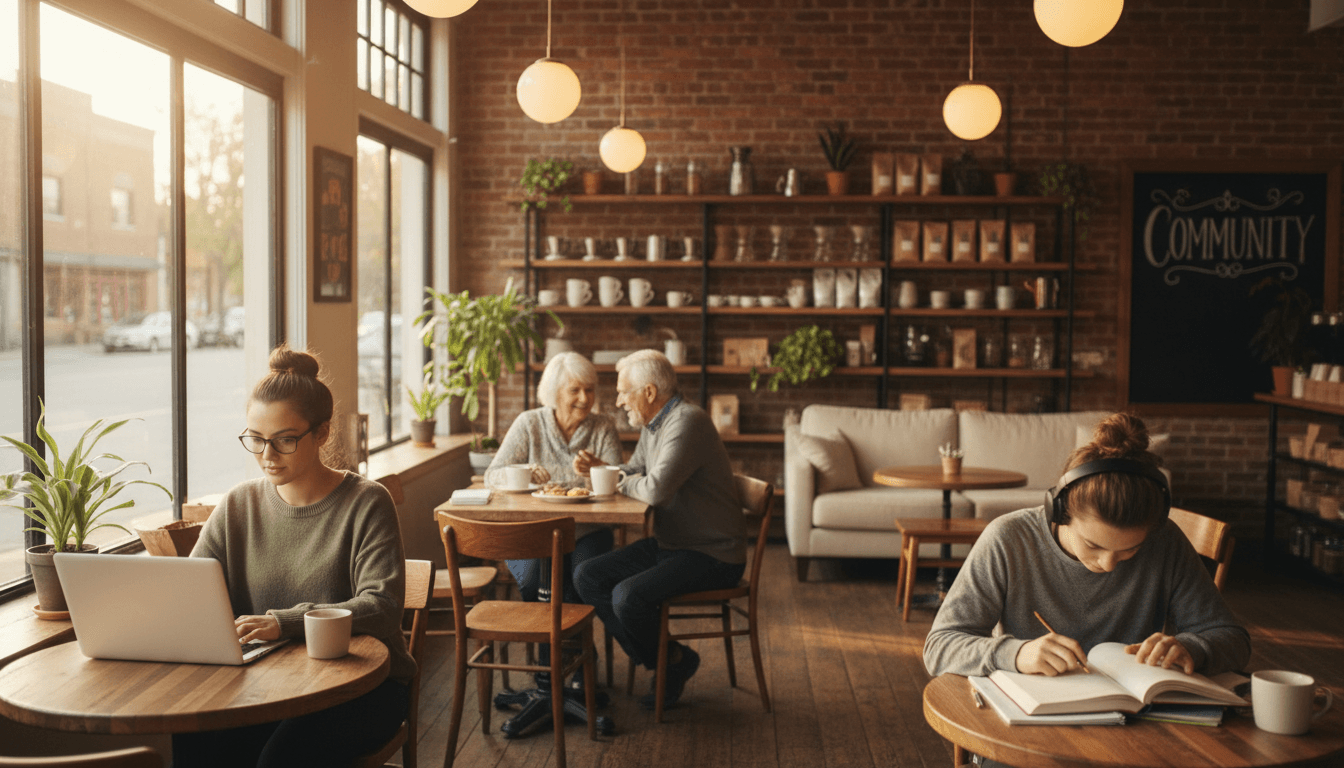 Cozy coffee shop interior with wooden counter, scattered tables, and warm morning light through large windows