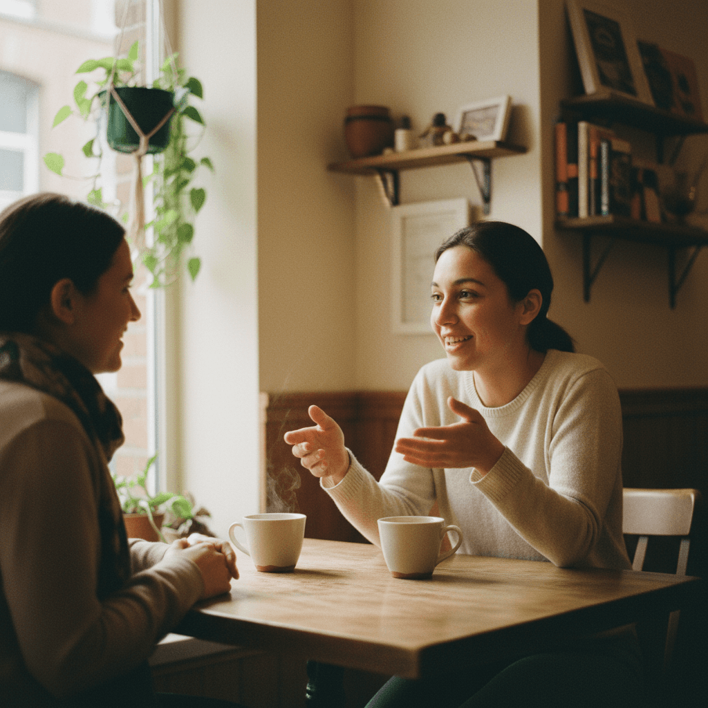 Customers laughing together over coffee