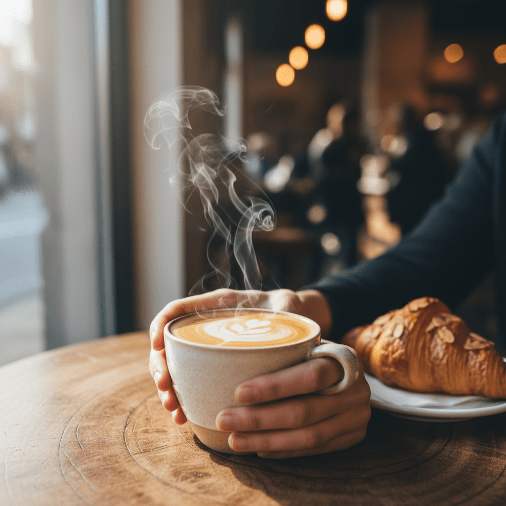 Barista handing a mug of decaf coffee to a customer