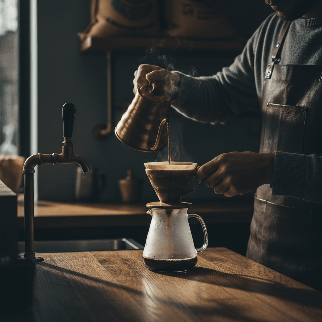 Barista tamping coffee grounds