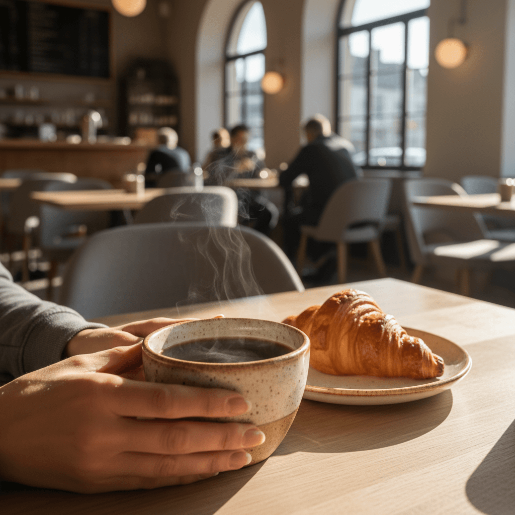 Barista handing a coffee to a smiling customer