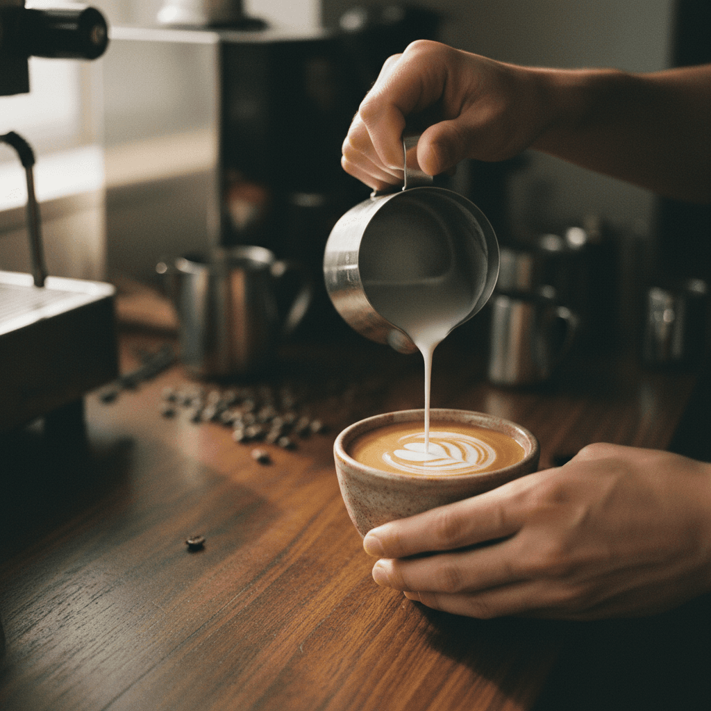 Barista carefully pouring latte art into a ceramic cup